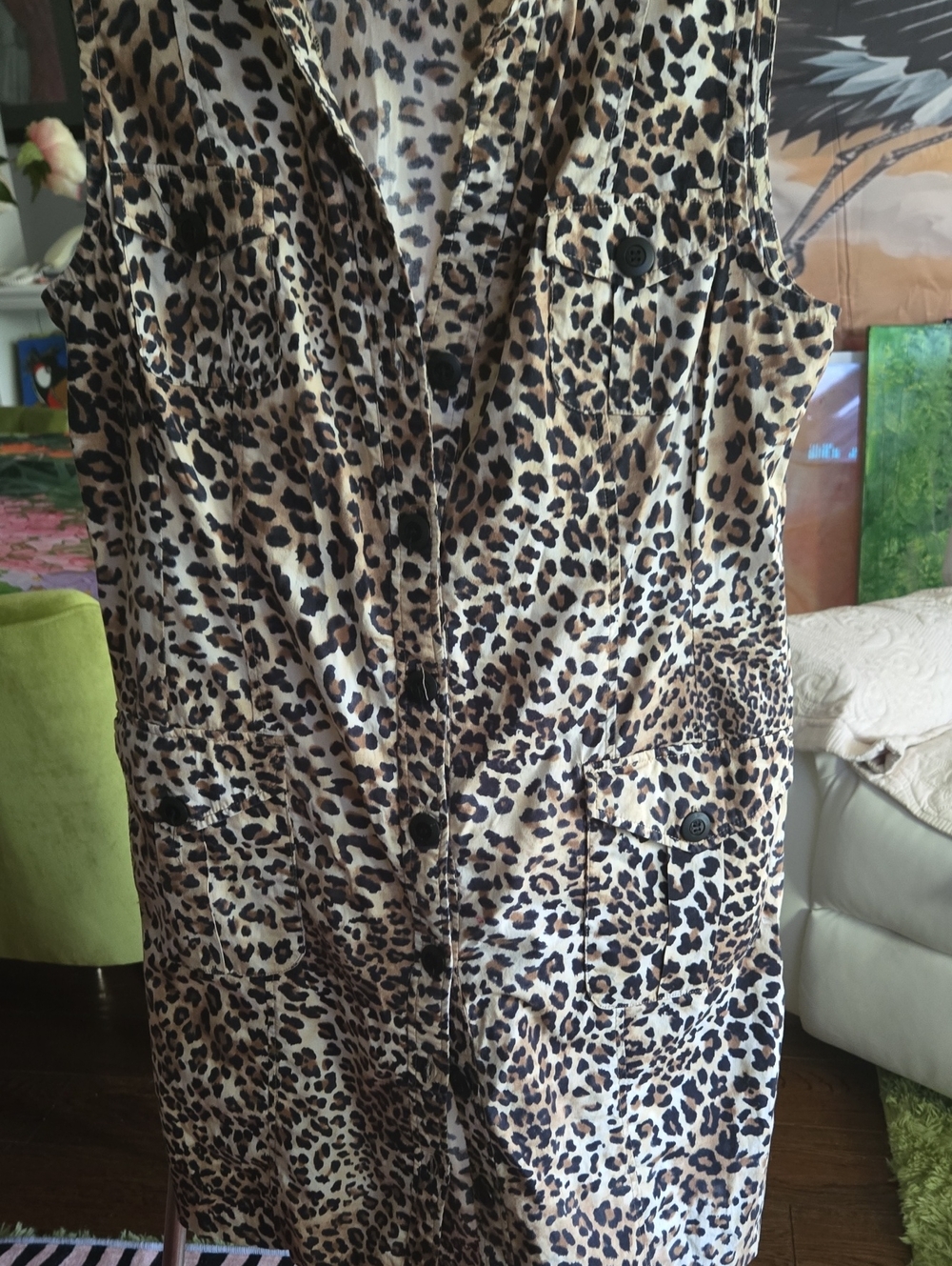 Chico's Sleeveless Leopard Print Button Down Dress/vest - Tan & Black